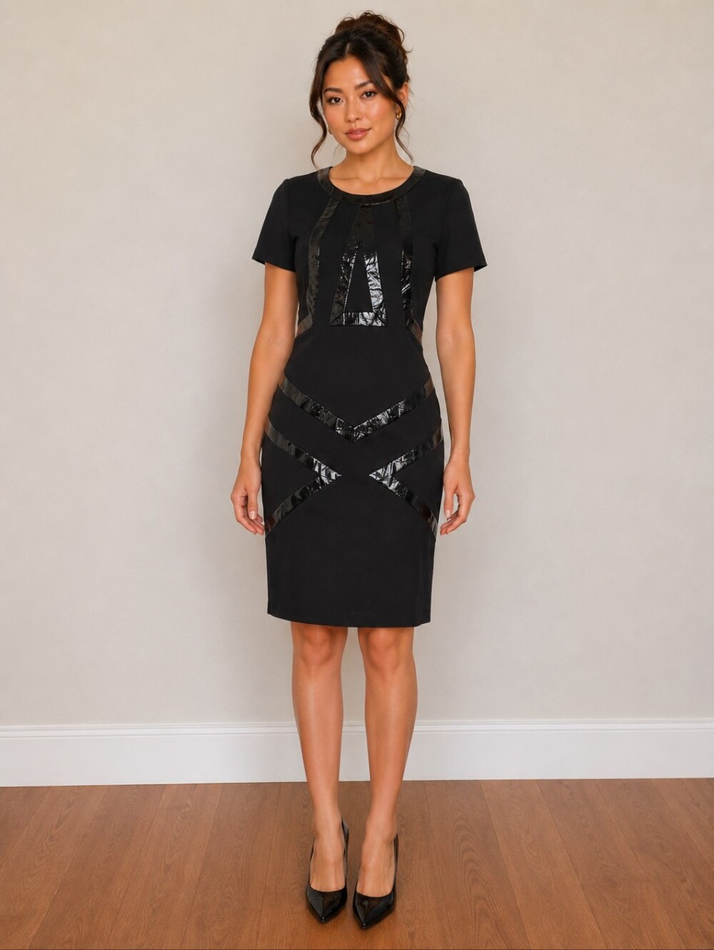 BOSTON PROPER Artsy Black Sheath Bodycon Black Glossy Work Office Dress Size 10